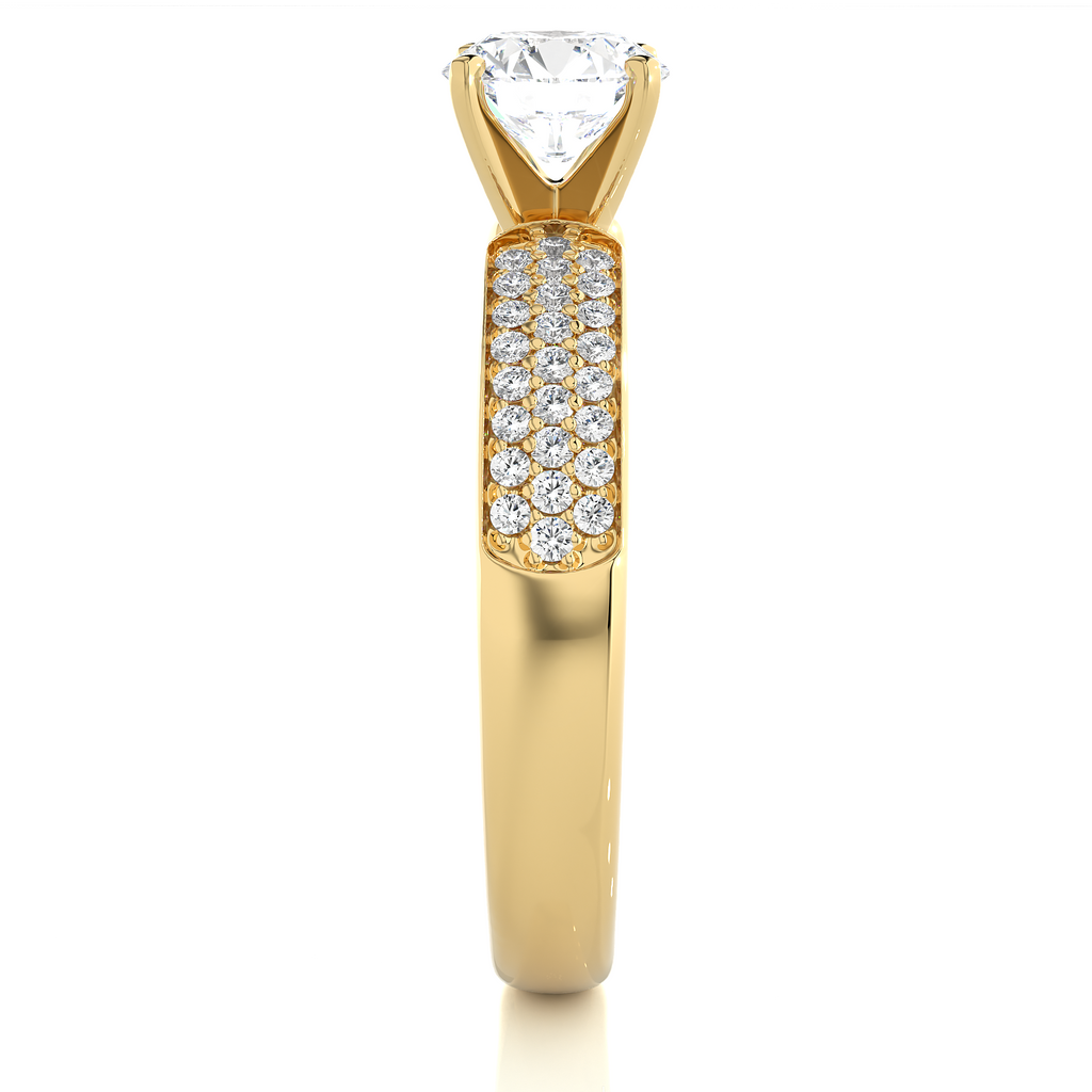 Round Diamond Ring – Solitaire Diamond with Three Lines of Small Diamonds on Thick Band
