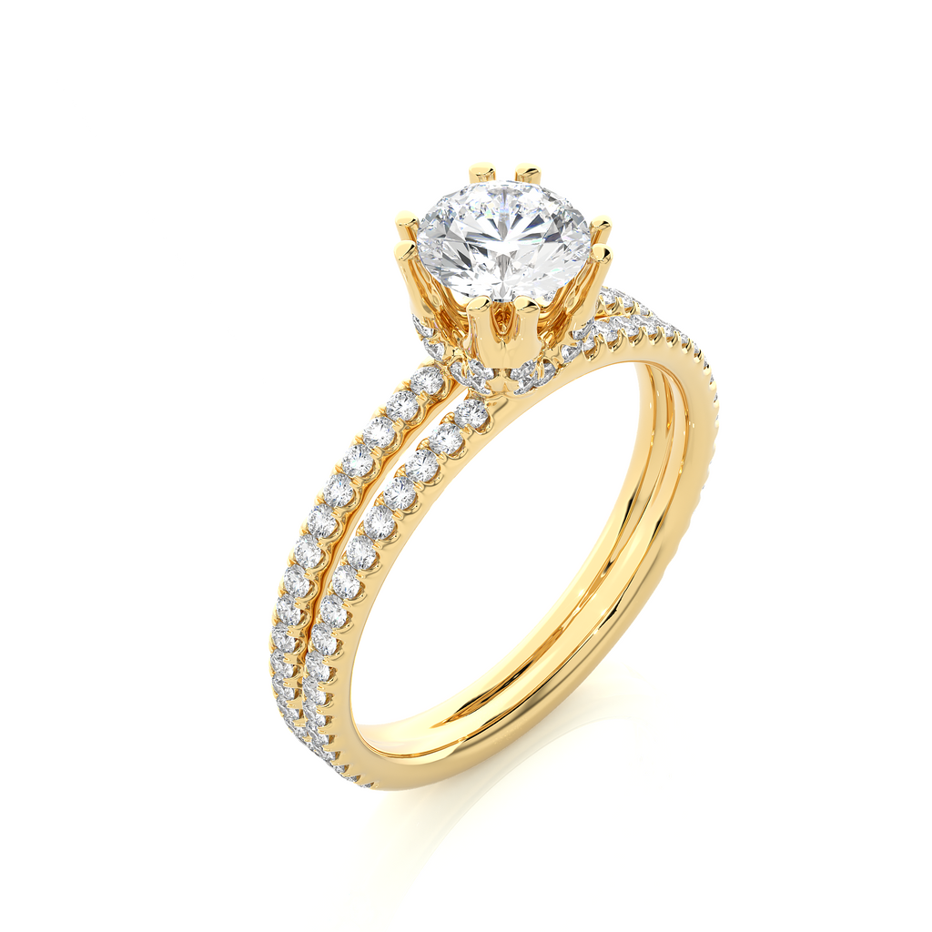Round Diamond Ring – Solitaire Diamond with Small Diamonds on Dual Rings in Gold